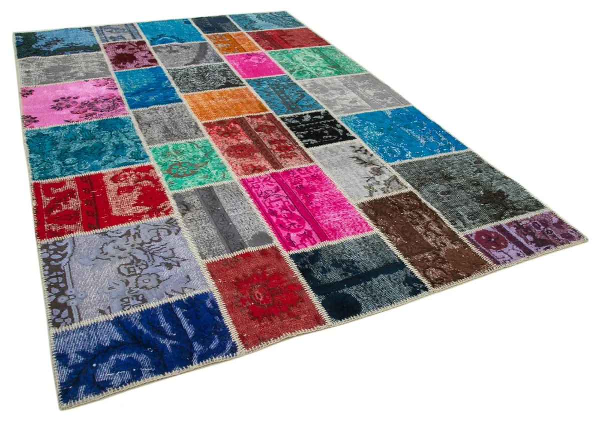 Patchwork Multi Pamuk Üzerine Yün El Dokuma Kilim-204x304 - Görsel 2