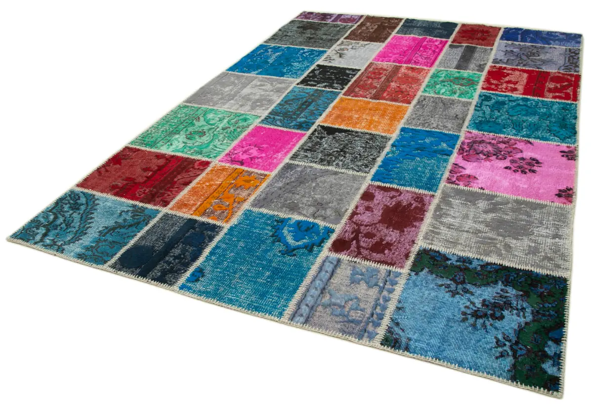 Patchwork Multi Pamuk Üzerine Yün El Dokuma Kilim-204x304 - Görsel 3