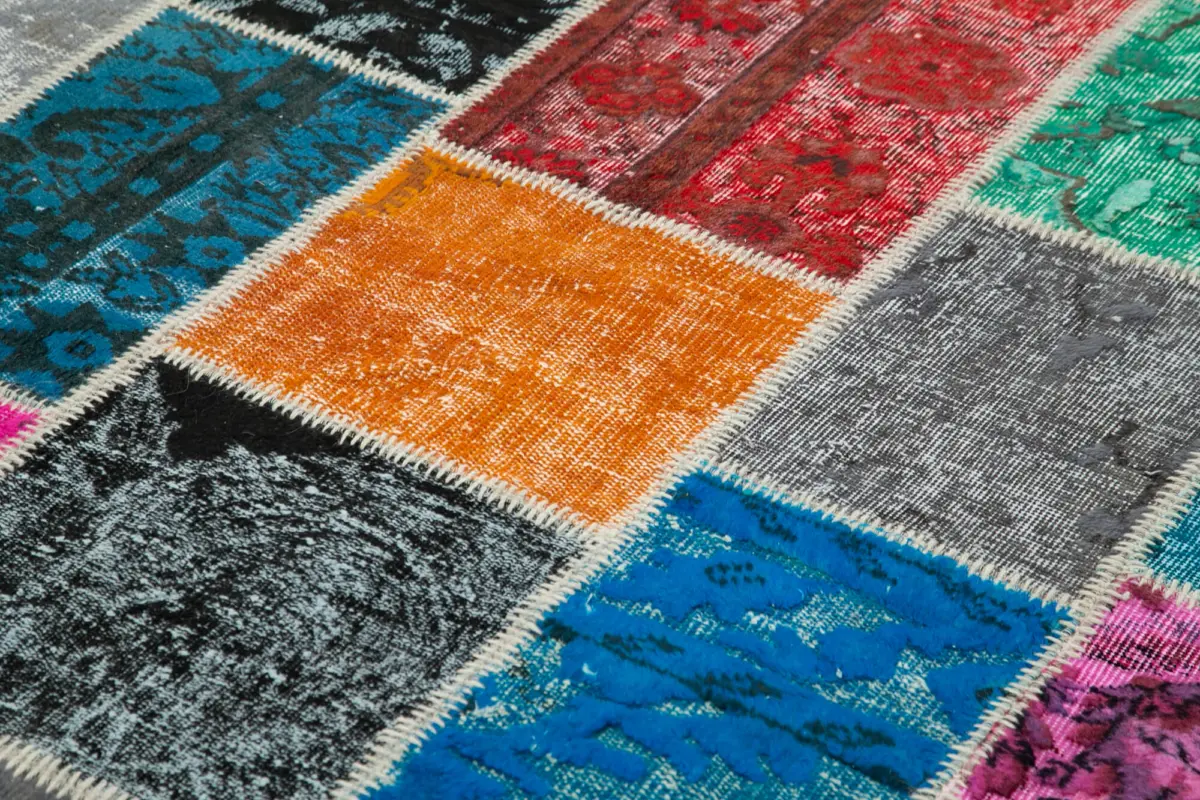 Patchwork Multi Pamuk Üzerine Yün El Dokuma Kilim-204x304 - Görsel 5