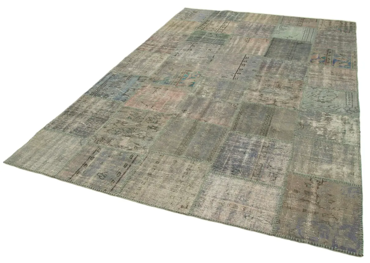 Patchwork Gri Pamuk Üzerine Yün El Dokuma Kilim-197x298 - Görsel 3