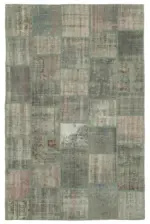 Patchwork Gri Pamuk Üzerine Yün El Dokuma Kilim-196x301