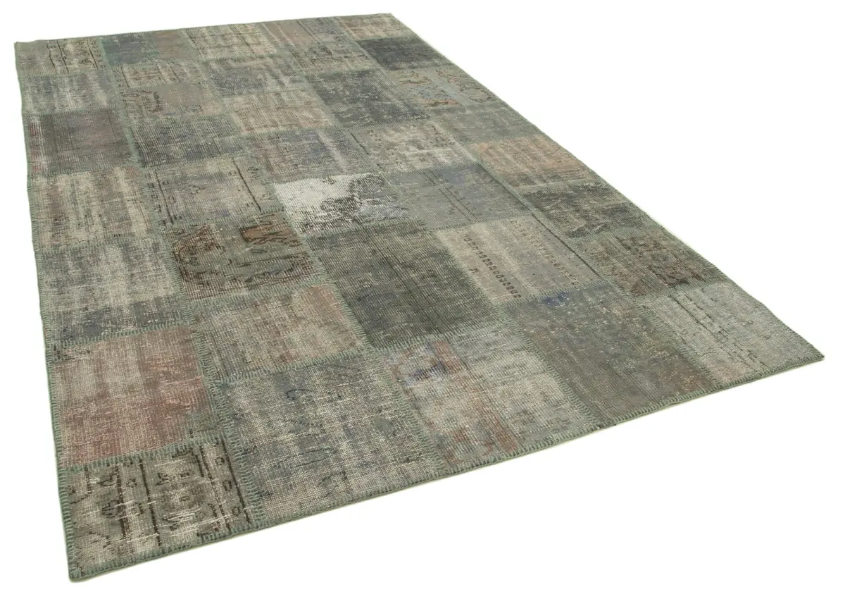 Patchwork Gri Pamuk Üzerine Yün El Dokuma Kilim-196x301 - Görsel 2