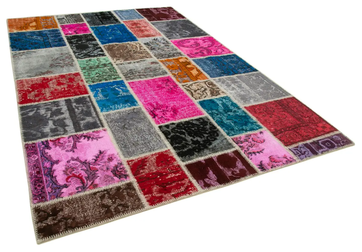 Patchwork Multi Pamuk Üzerine Yün El Dokuma Kilim-204x302 - Görsel 2