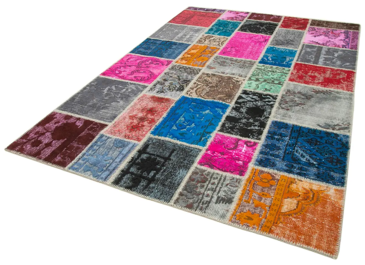 Patchwork Multi Pamuk Üzerine Yün El Dokuma Kilim-204x302 - Görsel 3