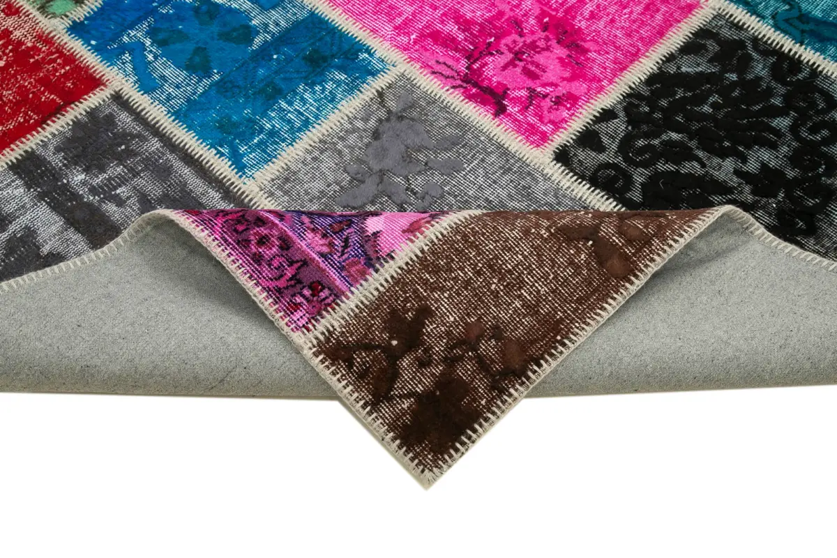 Patchwork Multi Pamuk Üzerine Yün El Dokuma Kilim-204x302 - Görsel 6