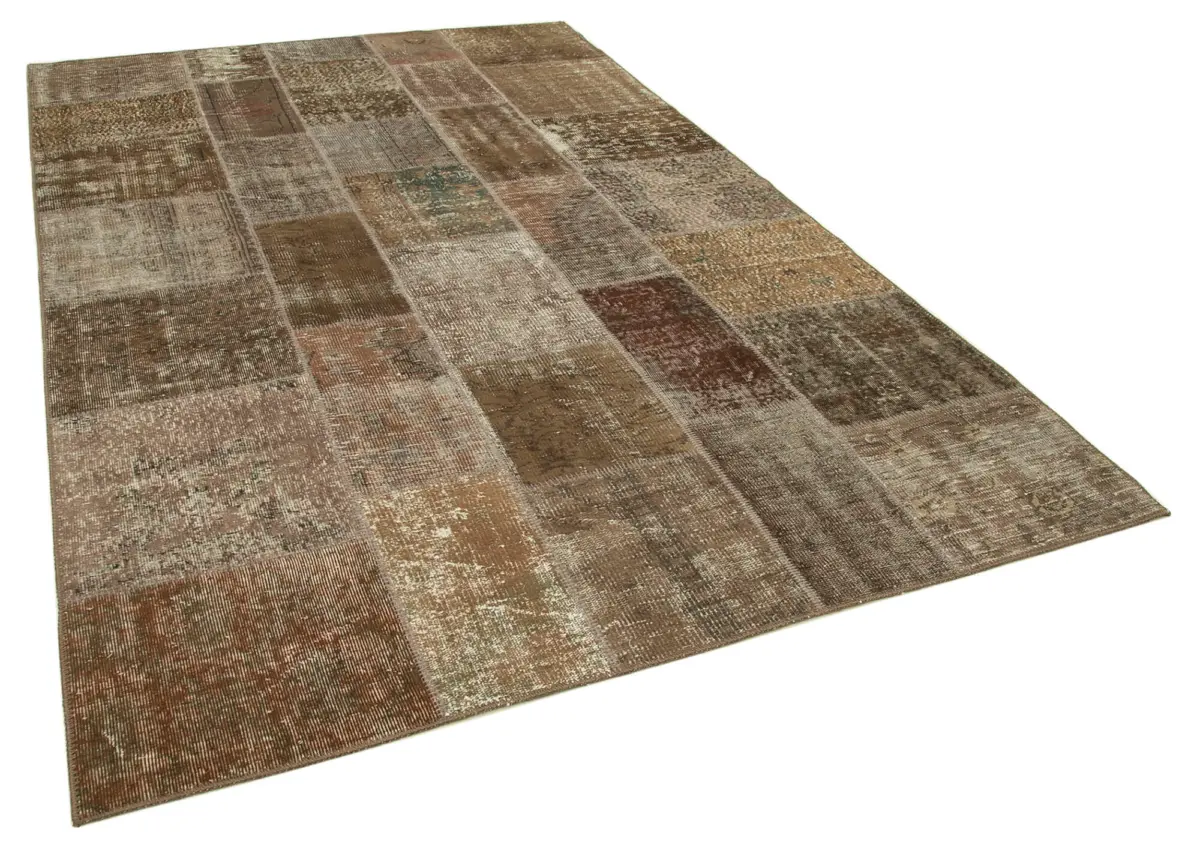 Patchwork Kahverengi Pamuk Üzerine Yün El Dokuma Kilim-197x300 - Görsel 2