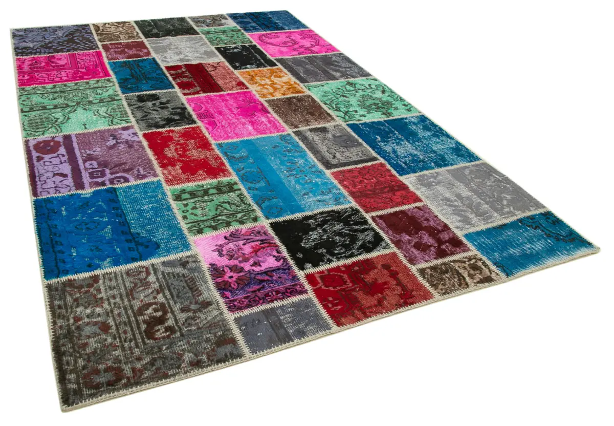 Patchwork Multi Pamuk Üzerine Yün El Dokuma Kilim-206x305 - Görsel 2