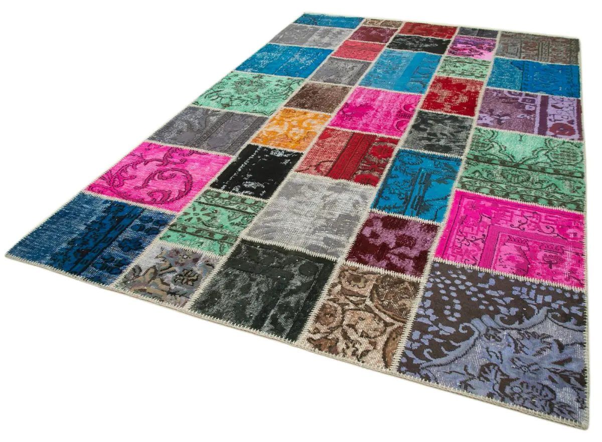 Patchwork Multi Pamuk Üzerine Yün El Dokuma Kilim-206x305 - Görsel 3