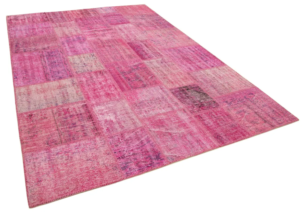 Patchwork Pembe Pamuk Üzerine Yün El Dokuma Kilim-207x301 - Görsel 2