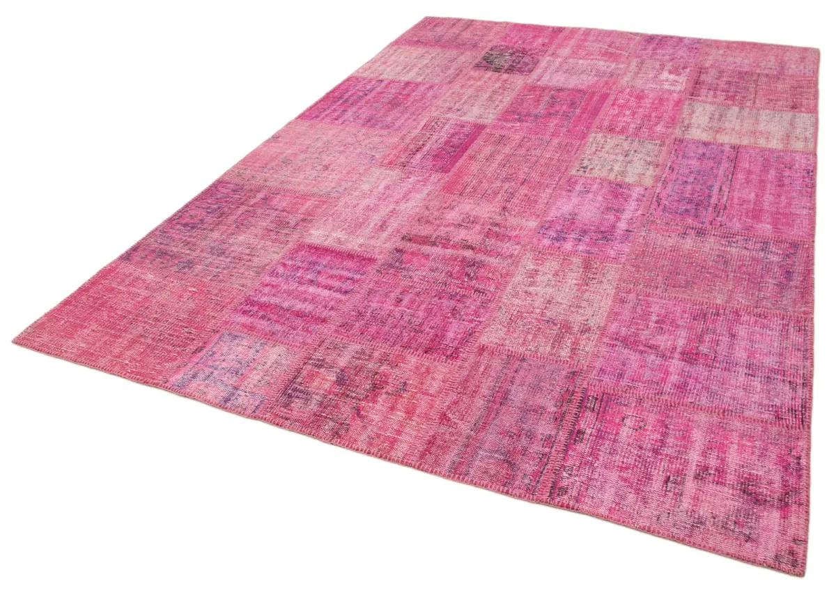 Patchwork Pembe Pamuk Üzerine Yün El Dokuma Kilim-207x301 - Görsel 3