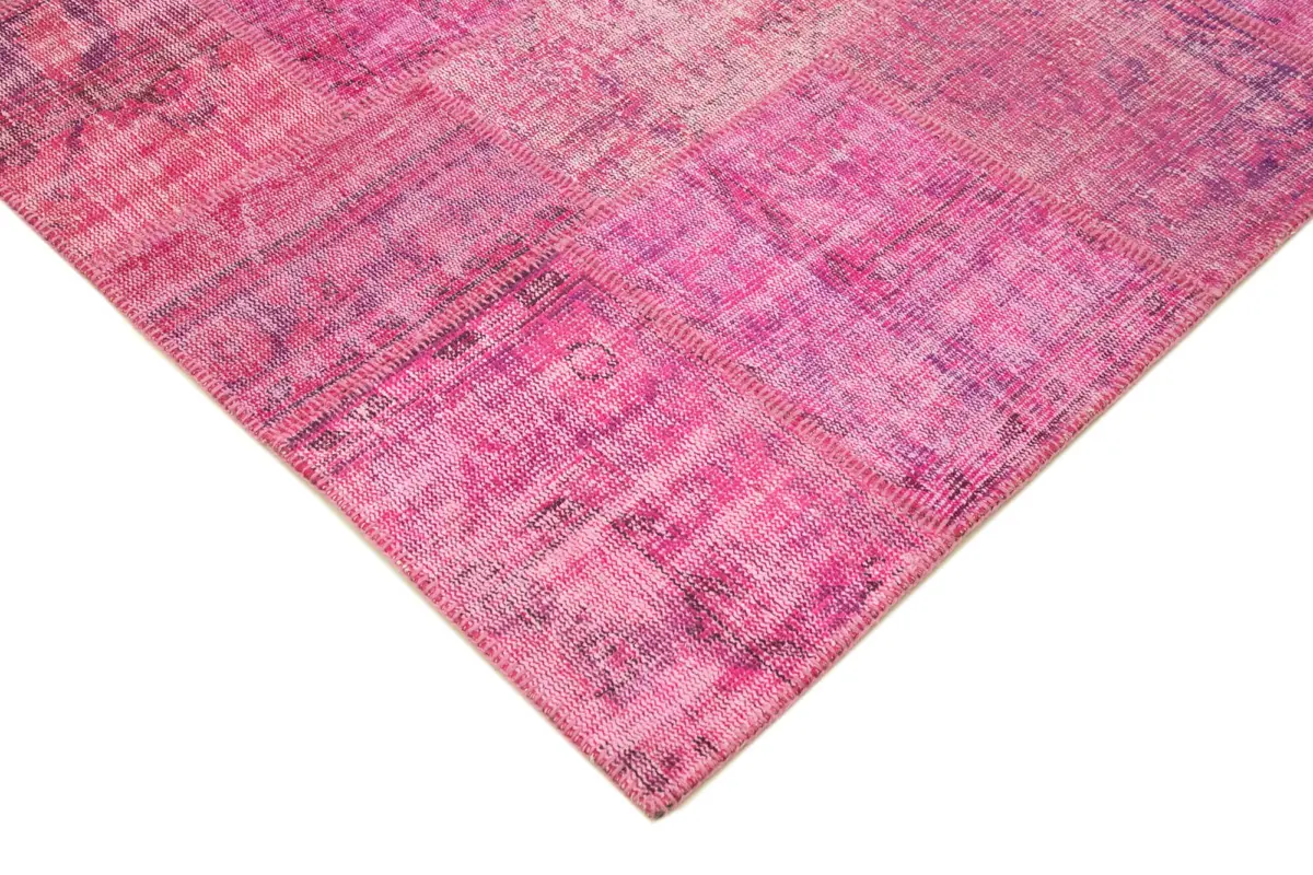 Patchwork Pembe Pamuk Üzerine Yün El Dokuma Kilim-207x301 - Görsel 4