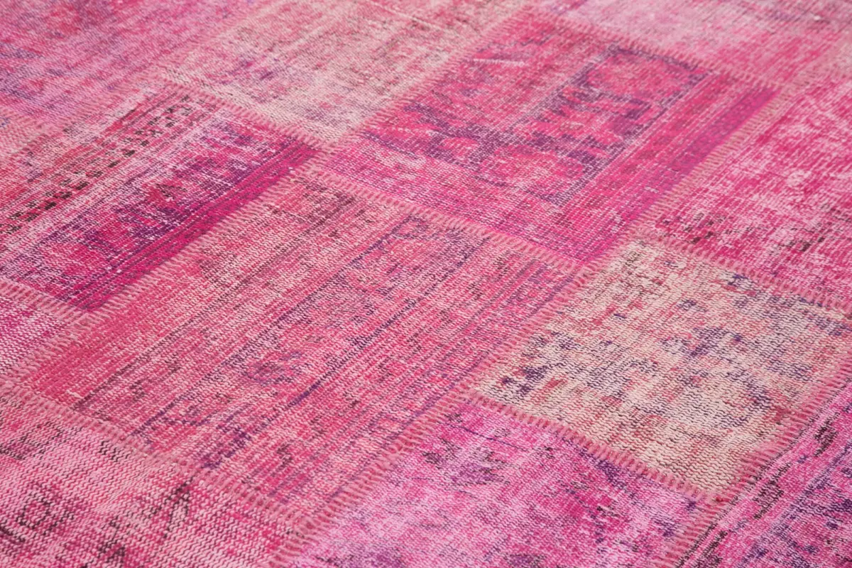 Patchwork Pembe Pamuk Üzerine Yün El Dokuma Kilim-207x301 - Görsel 5