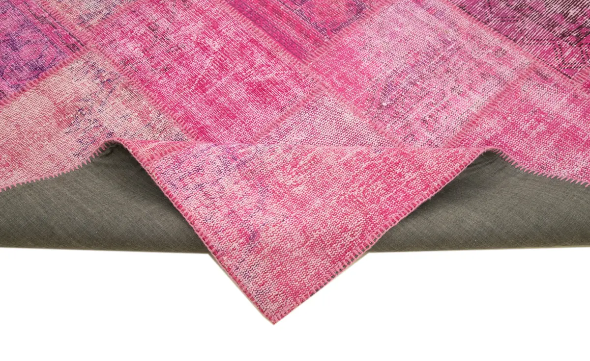 Patchwork Pembe Pamuk Üzerine Yün El Dokuma Kilim-207x301 - Görsel 6