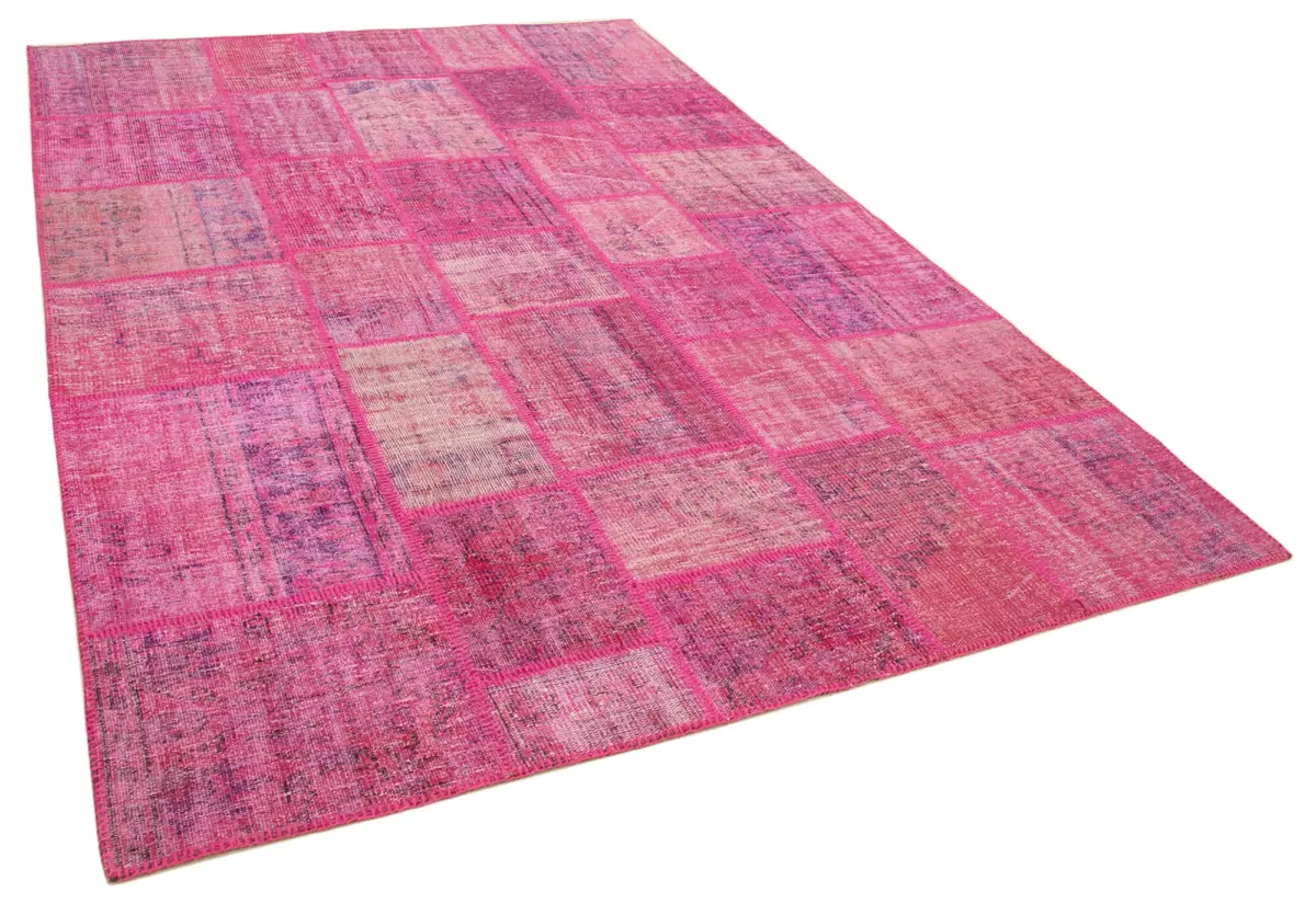 Patchwork Pembe Pamuk Üzerine Yün El Dokuma Kilim-205x302 - Görsel 2