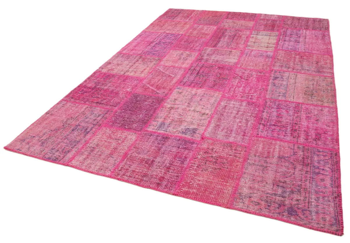 Patchwork Pembe Pamuk Üzerine Yün El Dokuma Kilim-205x302 - Görsel 3
