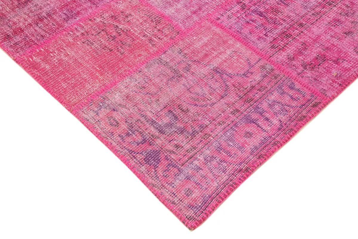 Patchwork Pembe Pamuk Üzerine Yün El Dokuma Kilim-205x302 - Görsel 4