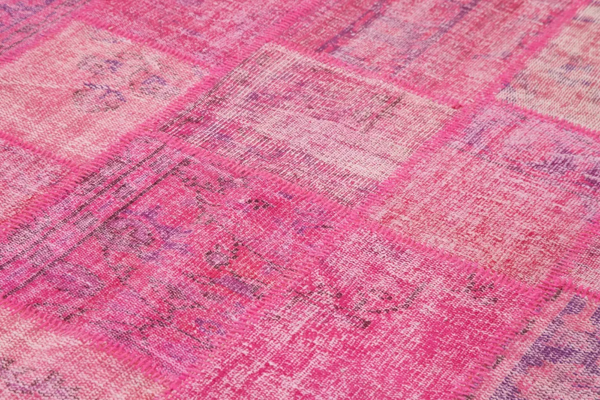 Patchwork Pembe Pamuk Üzerine Yün El Dokuma Kilim-205x302 - Görsel 5