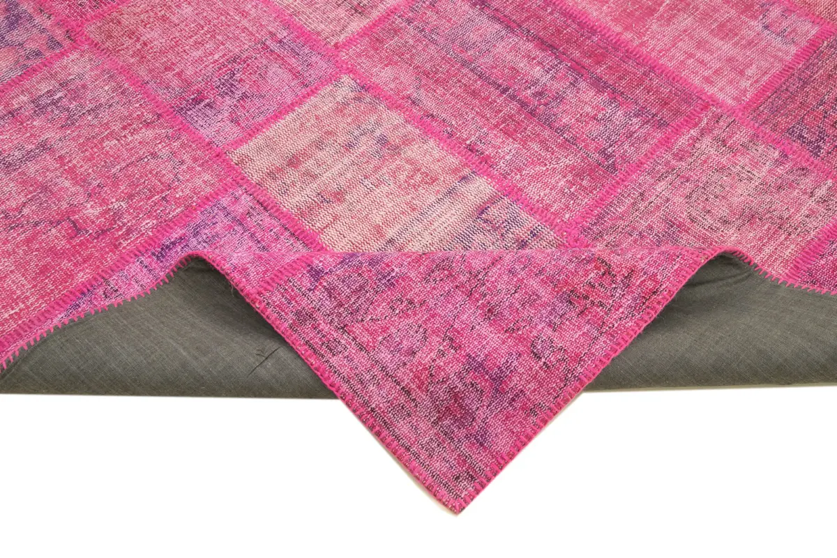 Patchwork Pembe Pamuk Üzerine Yün El Dokuma Kilim-205x302 - Görsel 6