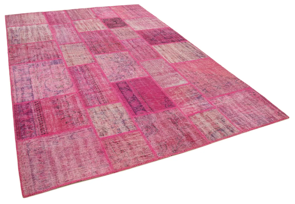 Patchwork Pembe Pamuk Üzerine Yün El Dokuma Kilim-207x304 - Görsel 2