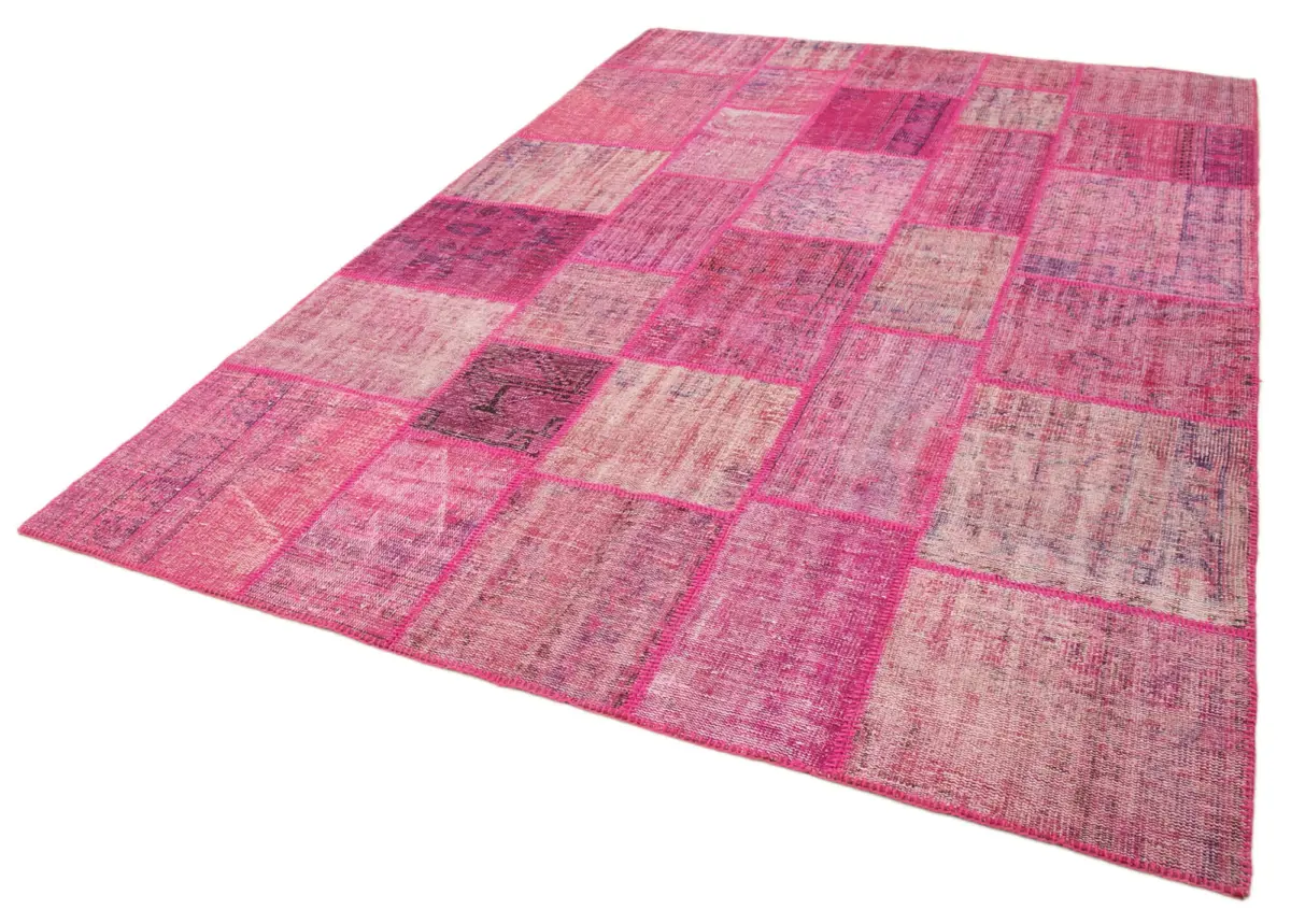 Patchwork Pembe Pamuk Üzerine Yün El Dokuma Kilim-207x304 - Görsel 3