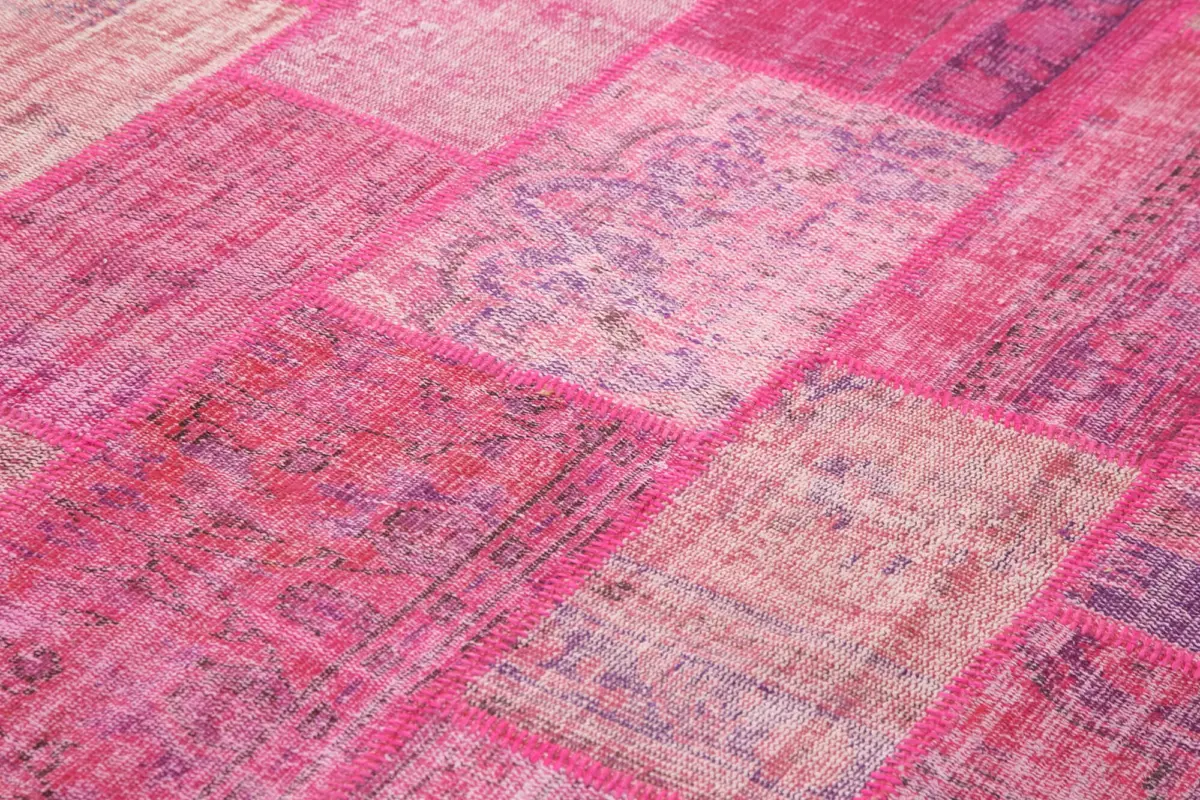 Patchwork Pembe Pamuk Üzerine Yün El Dokuma Kilim-207x304 - Görsel 5