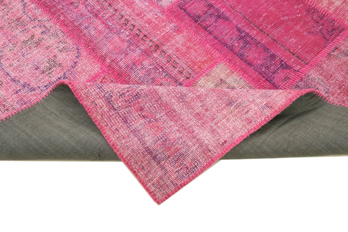 Patchwork Pembe Pamuk Üzerine Yün El Dokuma Kilim-207x304 - Görsel 6