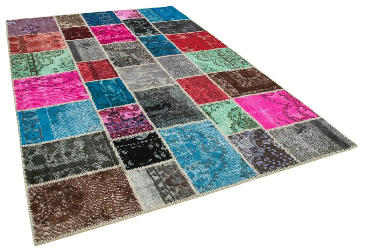 Patchwork Multi Pamuk Üzerine Yün El Dokuma Kilim-206x305 - Görsel 2