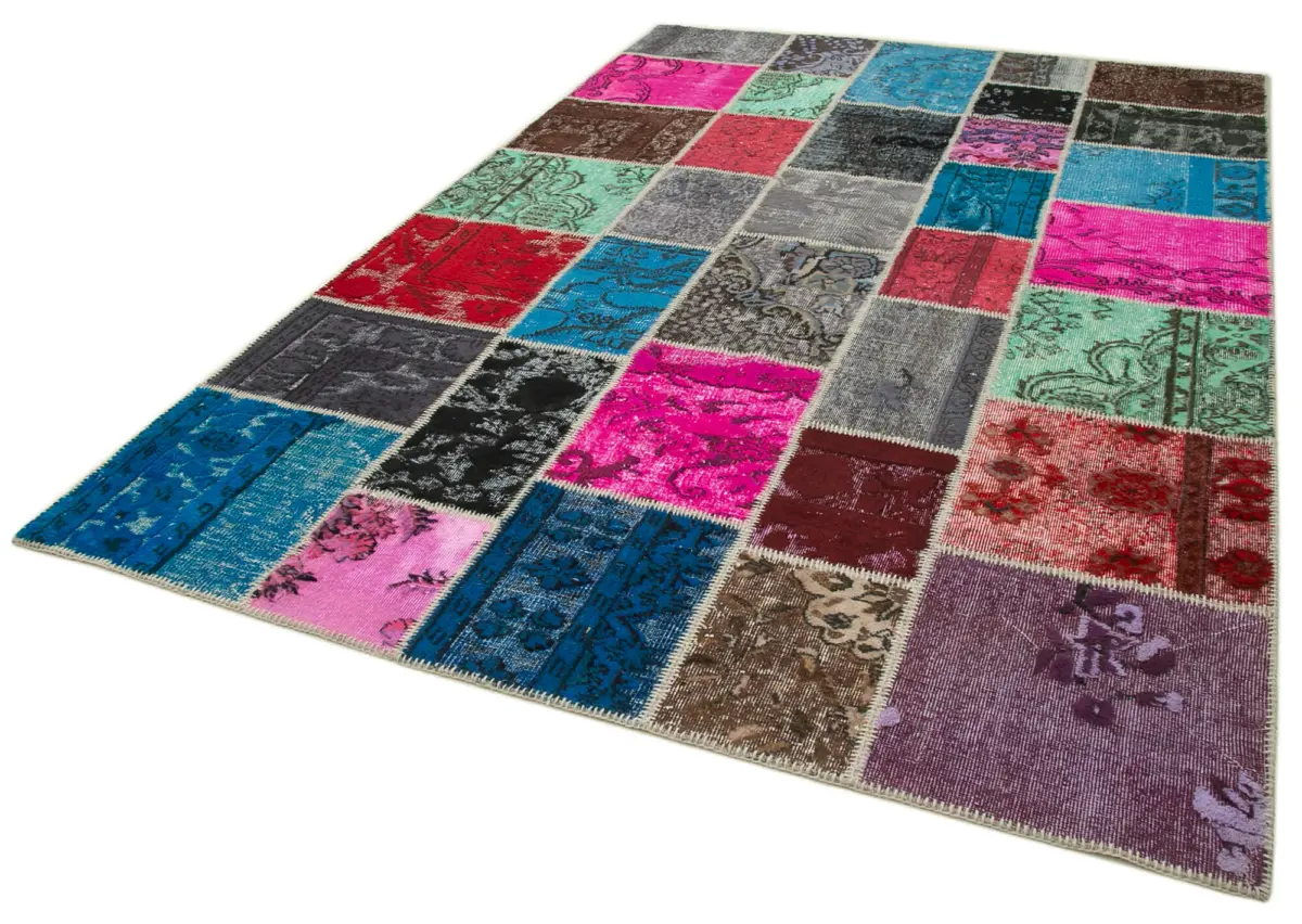 Patchwork Multi Pamuk Üzerine Yün El Dokuma Kilim-206x305 - Görsel 3
