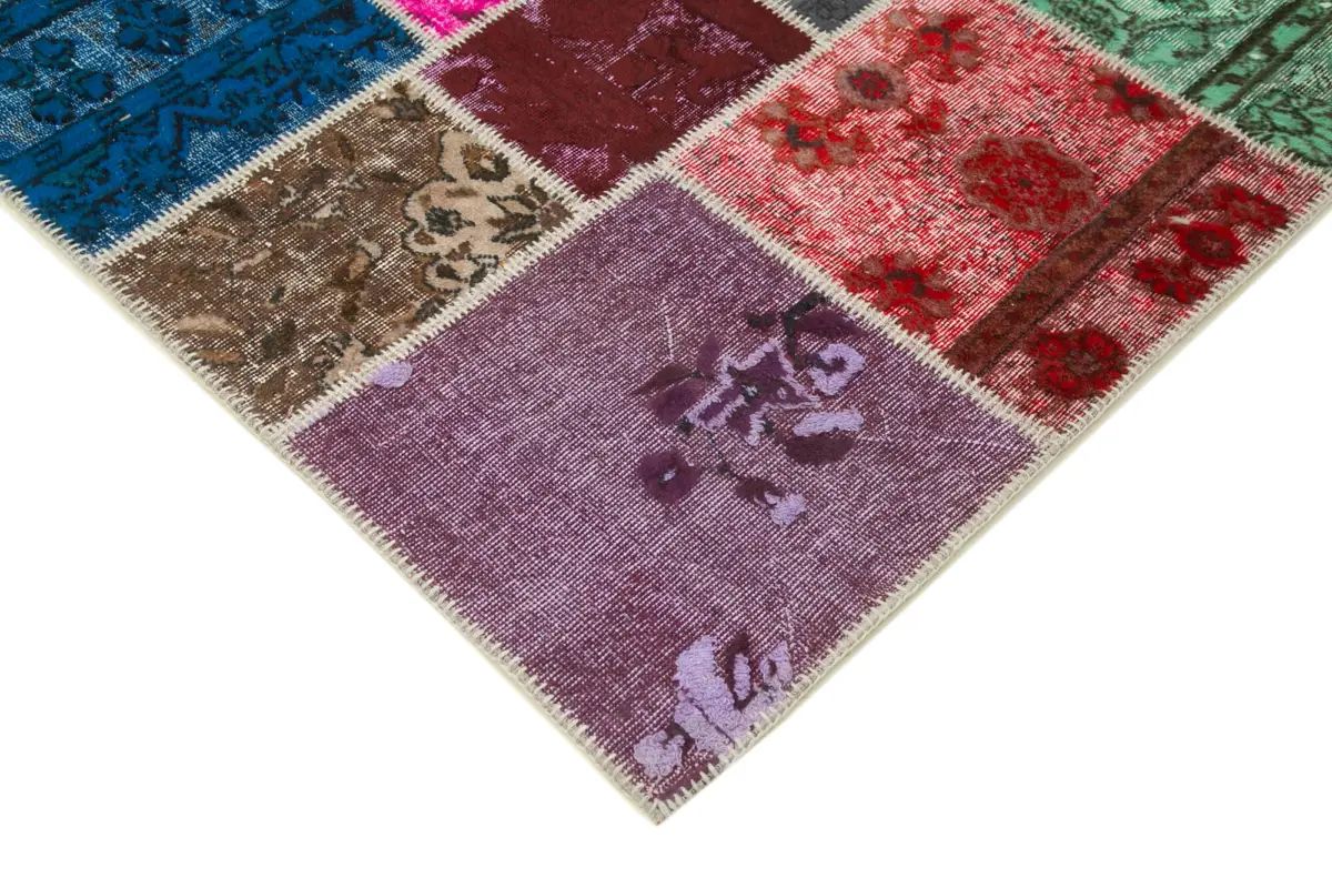 Patchwork Multi Pamuk Üzerine Yün El Dokuma Kilim-206x305 - Görsel 4