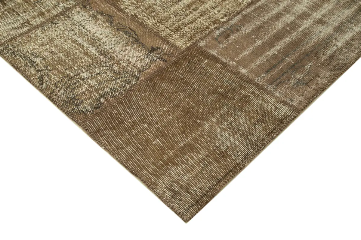 Patchwork Kahverengi Pamuk Üzerine Yün El Dokuma Kilim-196x302 - Görsel 4
