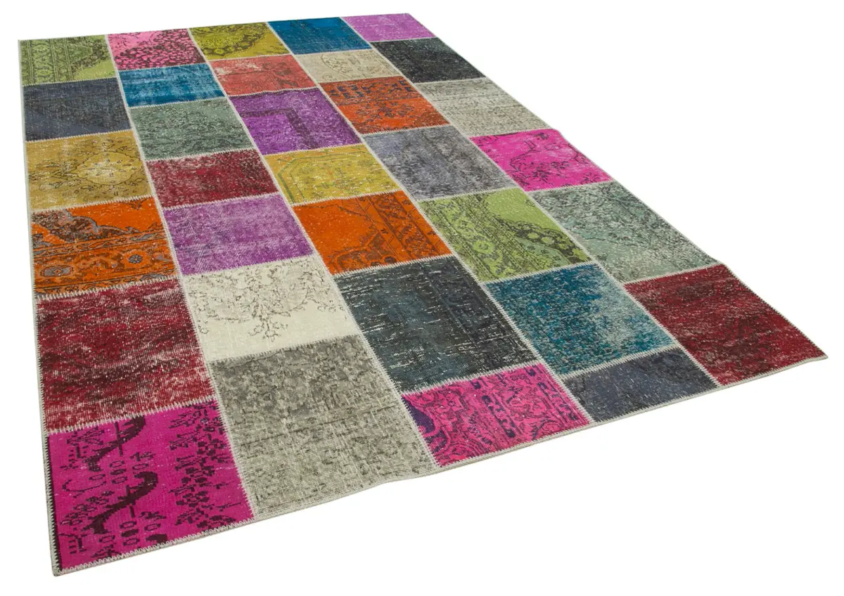 Patchwork Multi Pamuk Üzerine Yün El Dokuma Kilim-204x300 - Görsel 2