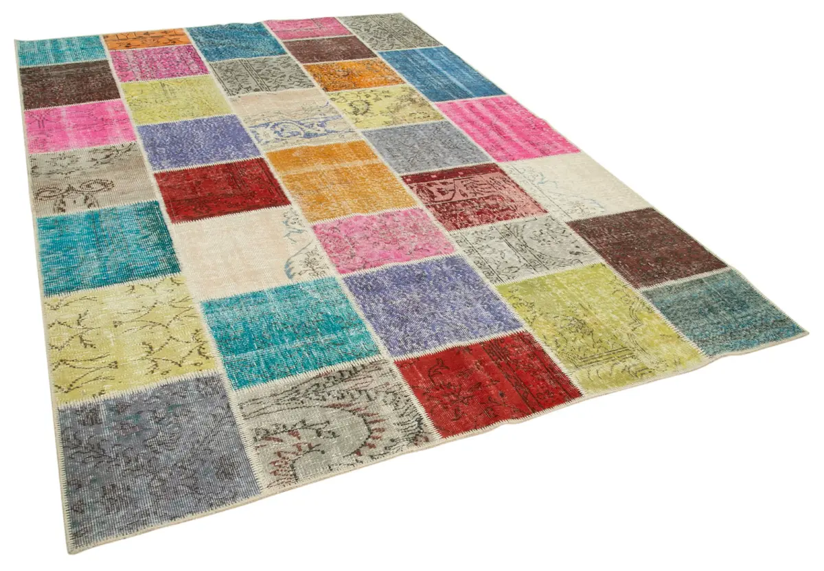 Patchwork Multi Pamuk Üzerine Yün El Dokuma Kilim-208x300 - Görsel 2