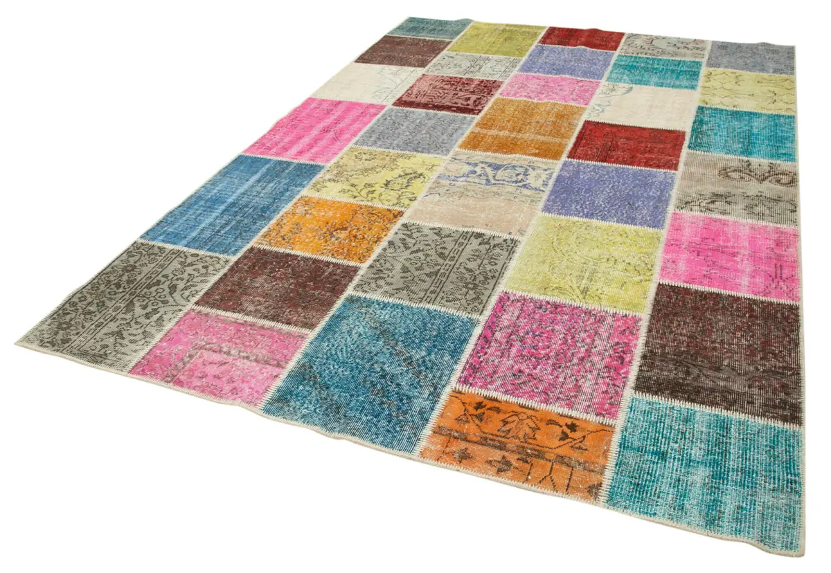 Patchwork Multi Pamuk Üzerine Yün El Dokuma Kilim-208x300 - Görsel 3