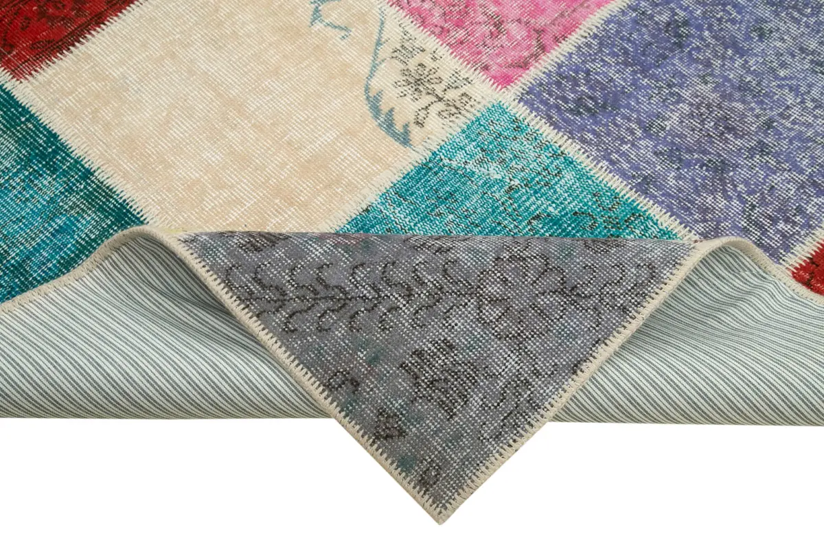 Patchwork Multi Pamuk Üzerine Yün El Dokuma Kilim-208x300 - Görsel 6