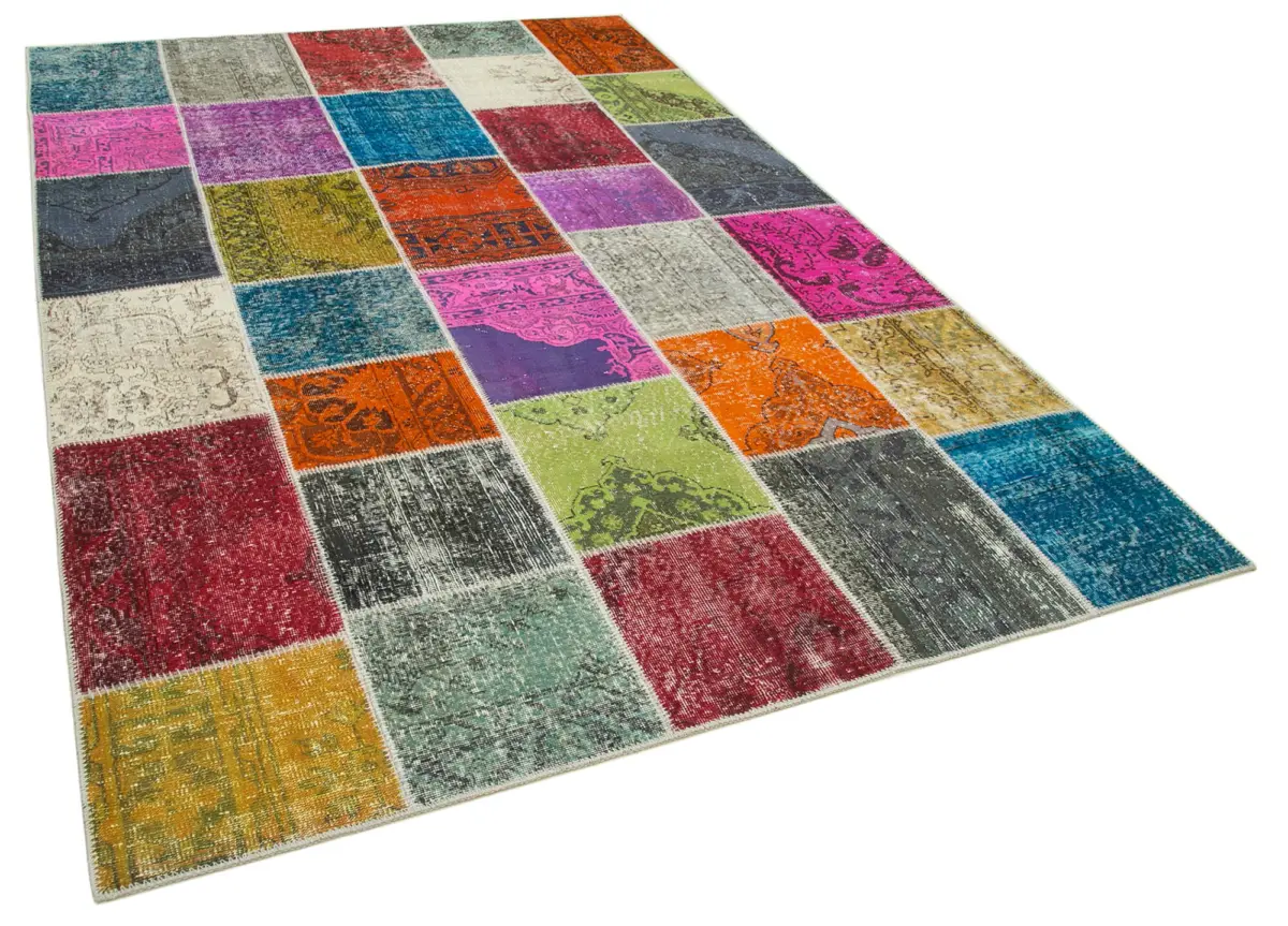 Patchwork Multi Pamuk Üzerine Yün El Dokuma Kilim-203x300 - Görsel 2