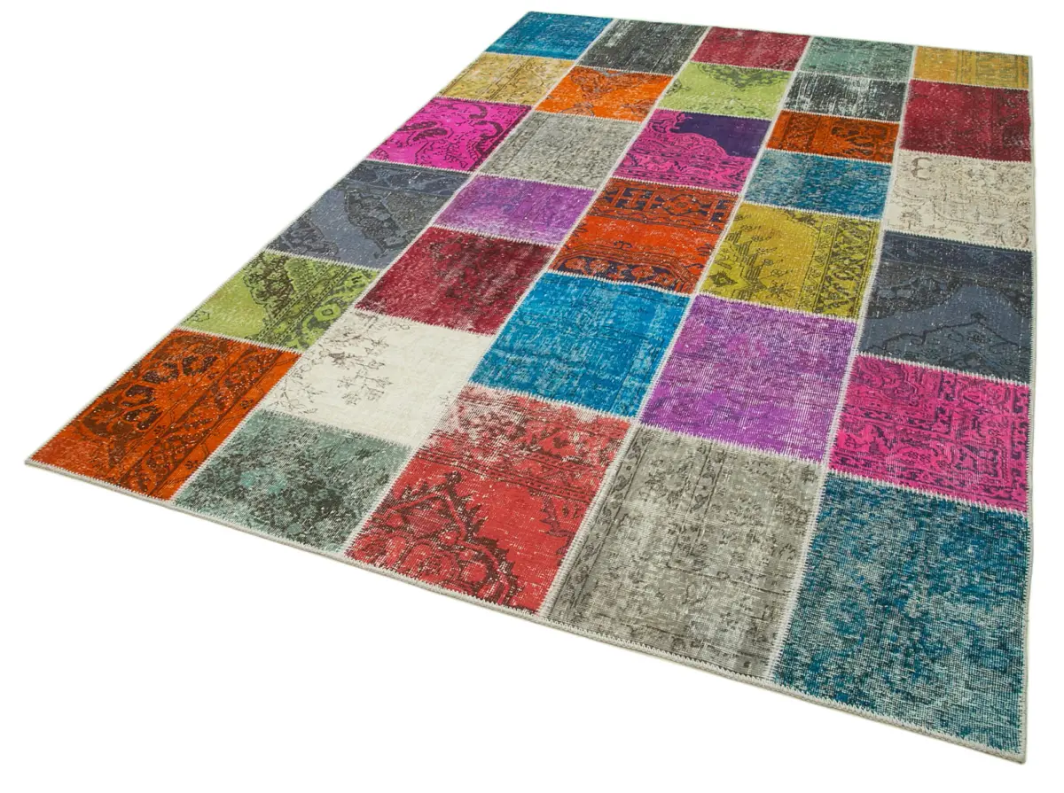 Patchwork Multi Pamuk Üzerine Yün El Dokuma Kilim-203x300 - Görsel 3