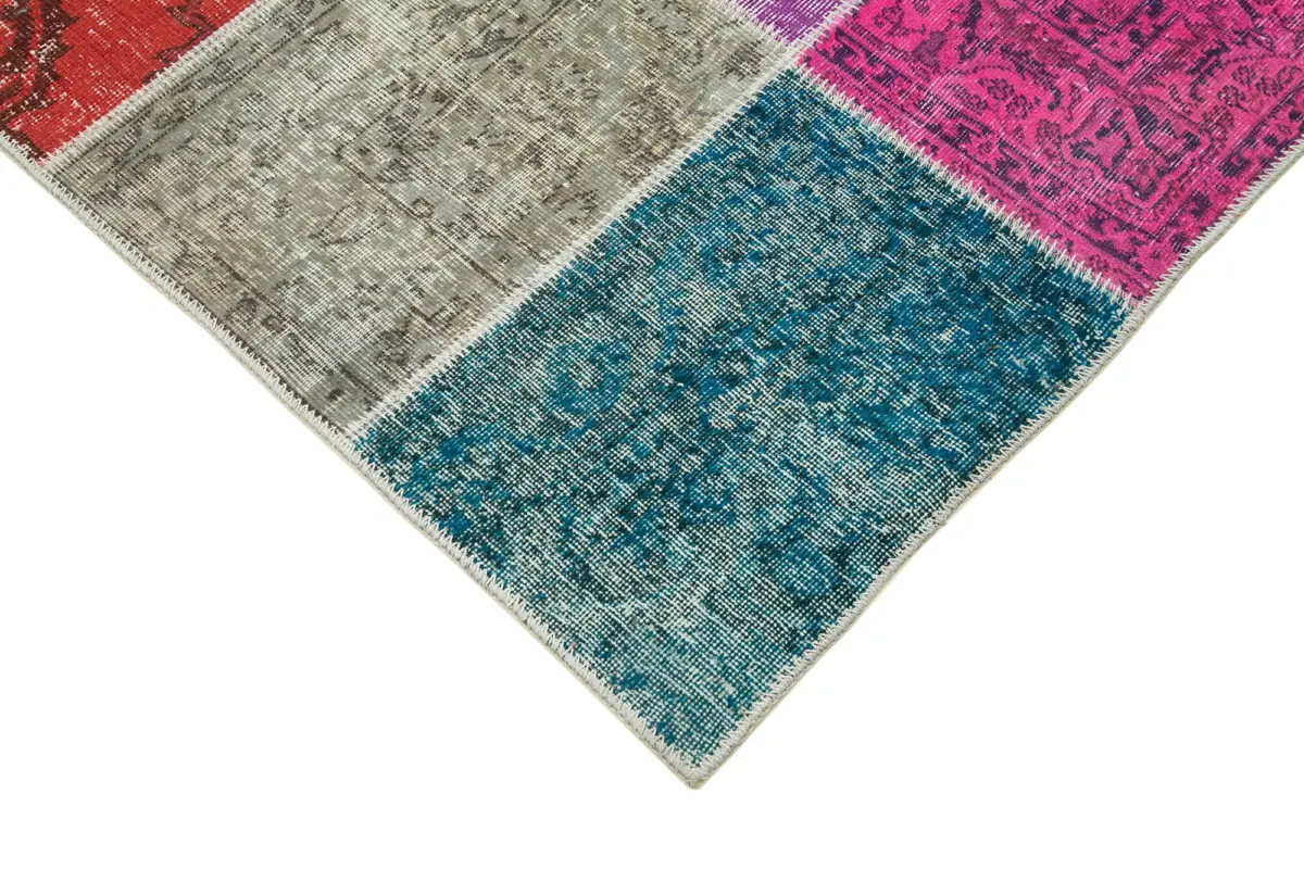 Patchwork Multi Pamuk Üzerine Yün El Dokuma Kilim-203x300 - Görsel 4