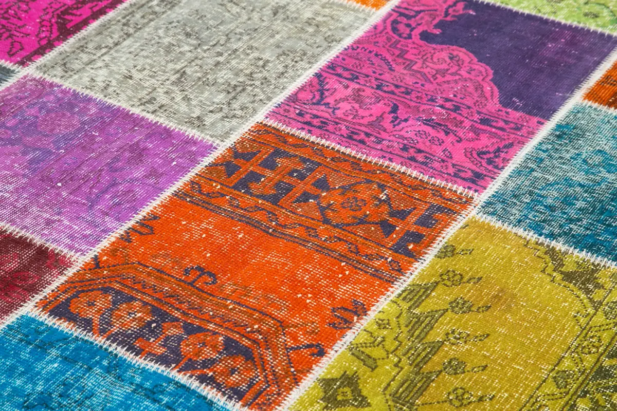 Patchwork Multi Pamuk Üzerine Yün El Dokuma Kilim-203x300 - Görsel 5