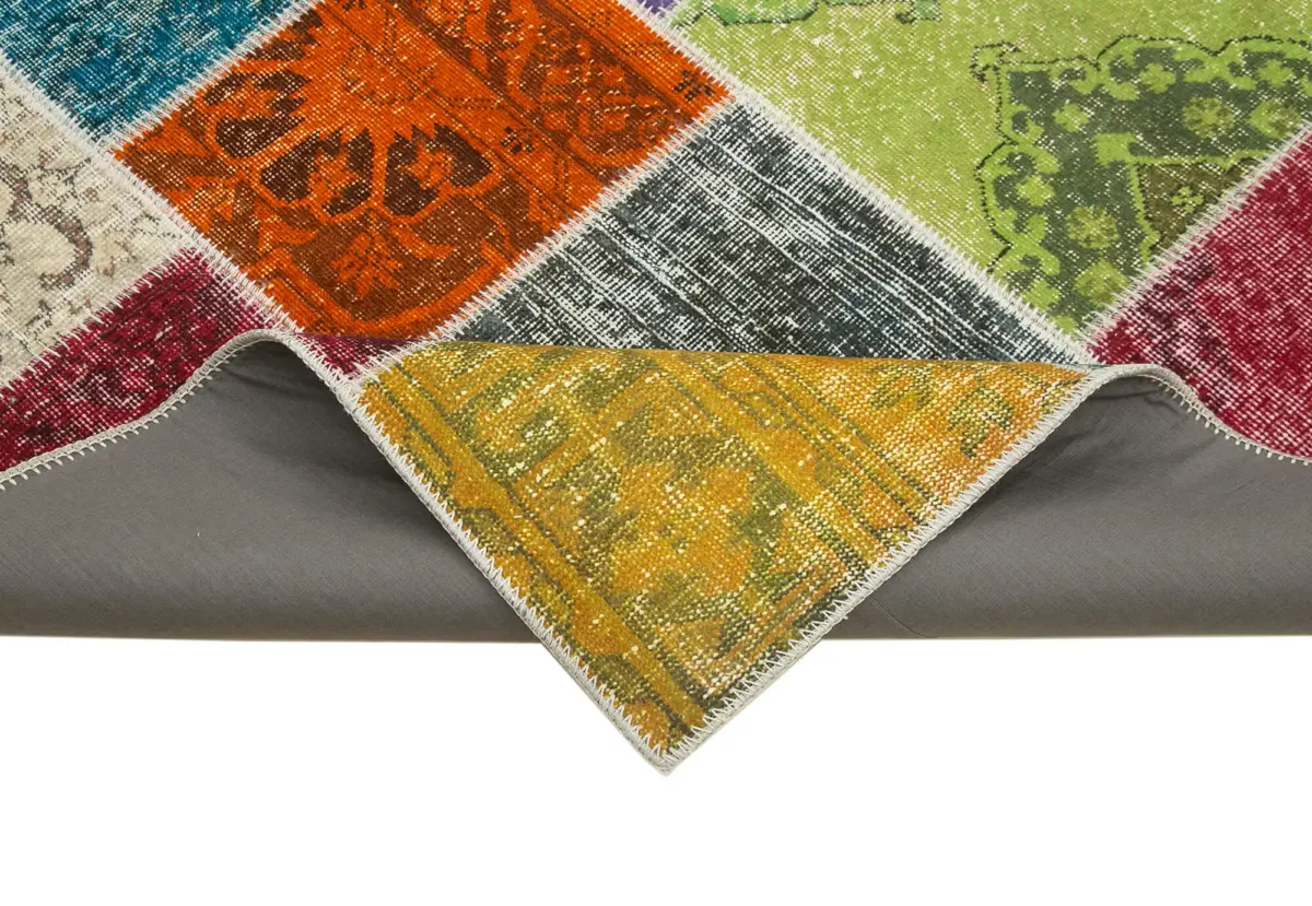Patchwork Multi Pamuk Üzerine Yün El Dokuma Kilim-203x300 - Görsel 6