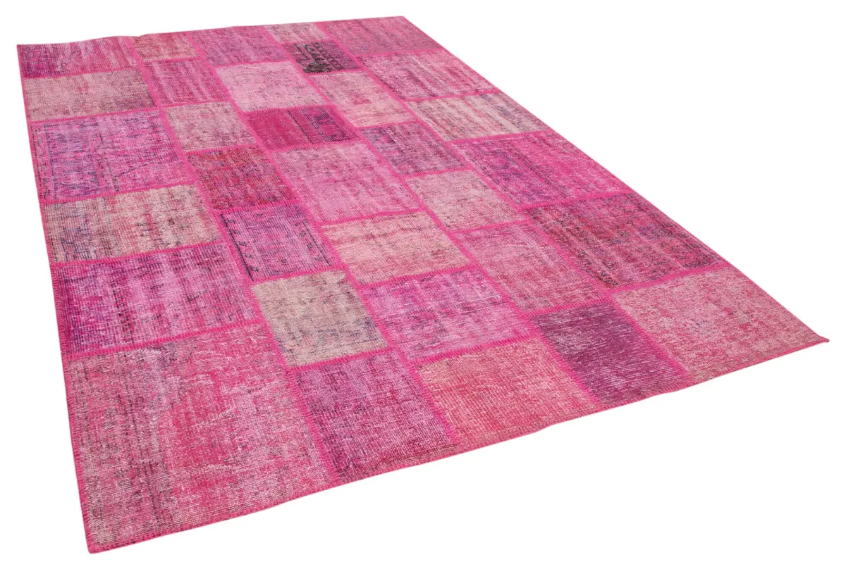 Patchwork Pembe Pamuk Üzerine Yün El Dokuma Kilim-206x304 - Görsel 2
