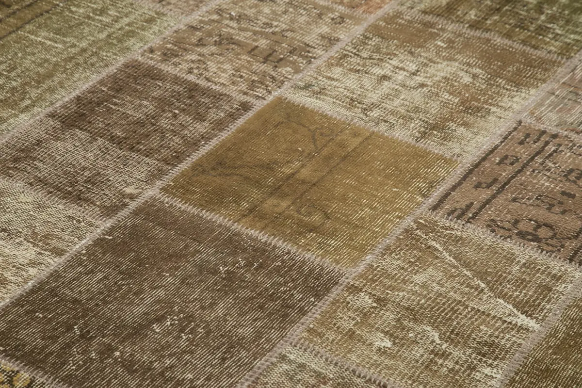 Patchwork Kahverengi Pamuk Üzerine Yün El Dokuma Kilim-197x300 - Görsel 5