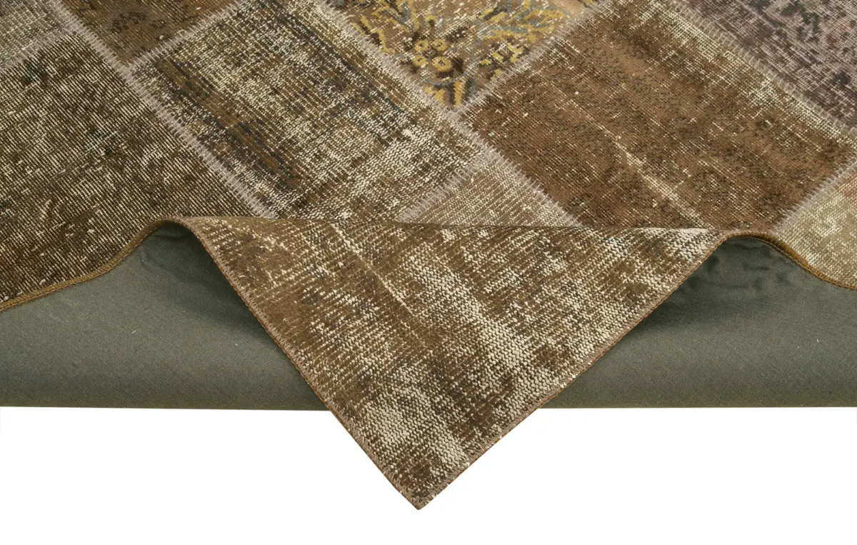Patchwork Kahverengi Pamuk Üzerine Yün El Dokuma Kilim-197x296 - Görsel 6