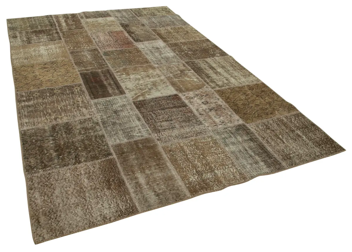Patchwork Kahverengi Pamuk Üzerine Yün El Dokuma Kilim-195x300 - Görsel 2