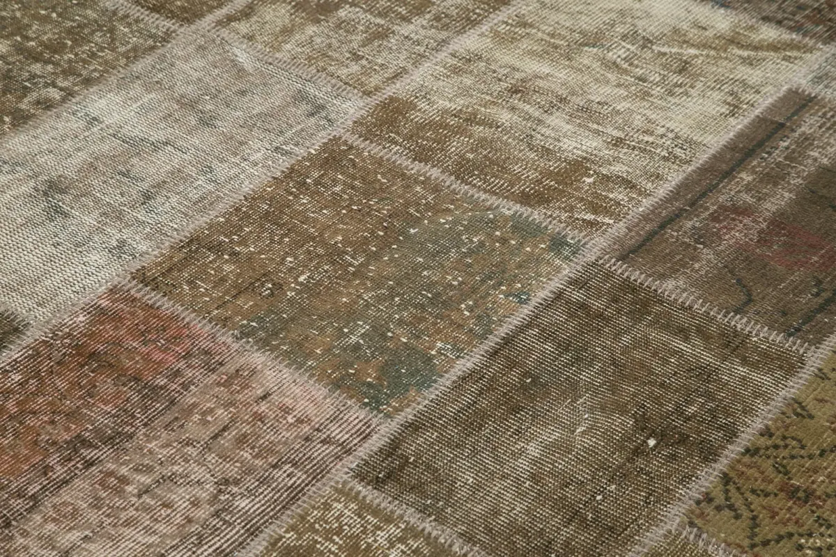 Patchwork Kahverengi Pamuk Üzerine Yün El Dokuma Kilim-195x300 - Görsel 5