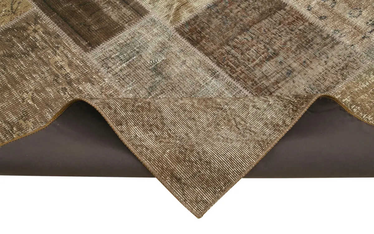 Patchwork Kahverengi Pamuk Üzerine Yün El Dokuma Kilim-195x300 - Görsel 6