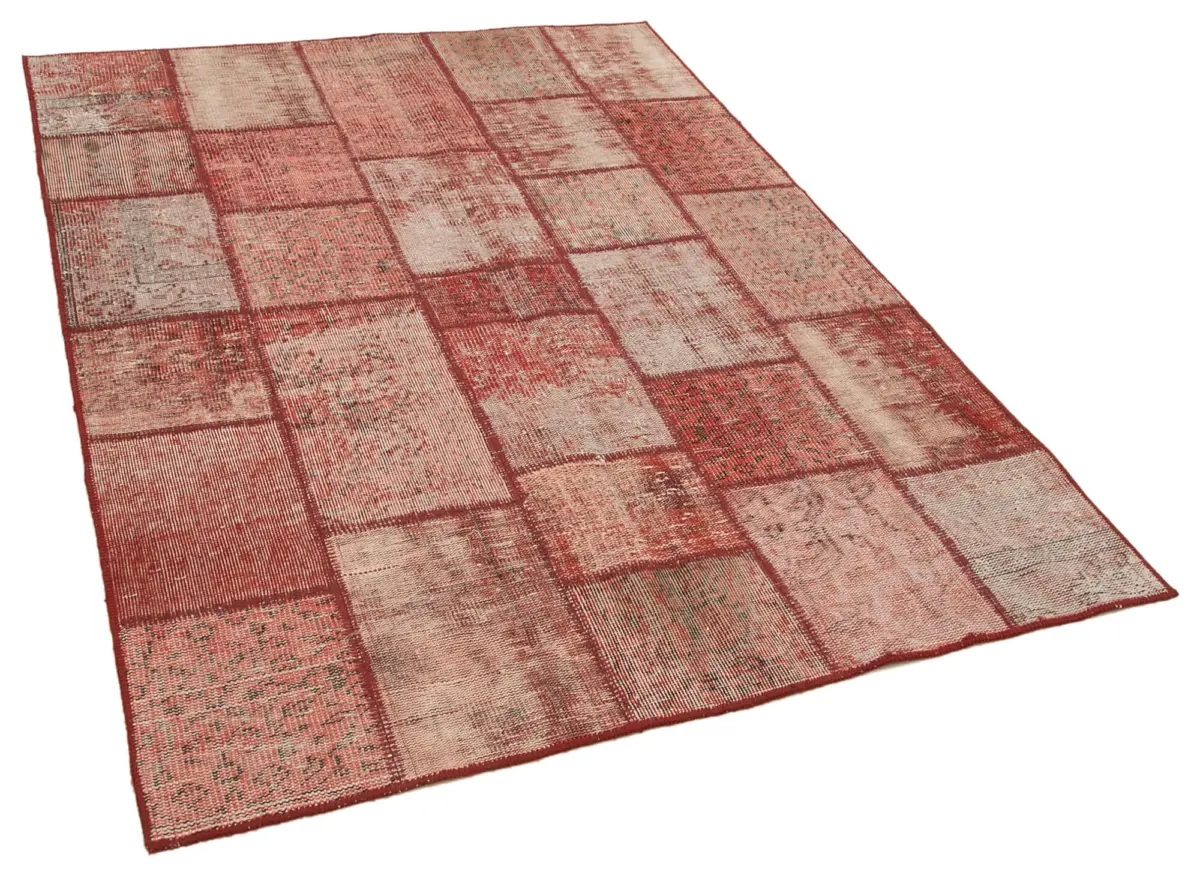 Patchwork Kırmızı Pamuk Üzerine Yün El Dokuma Kilim-142x195 - Görsel 2