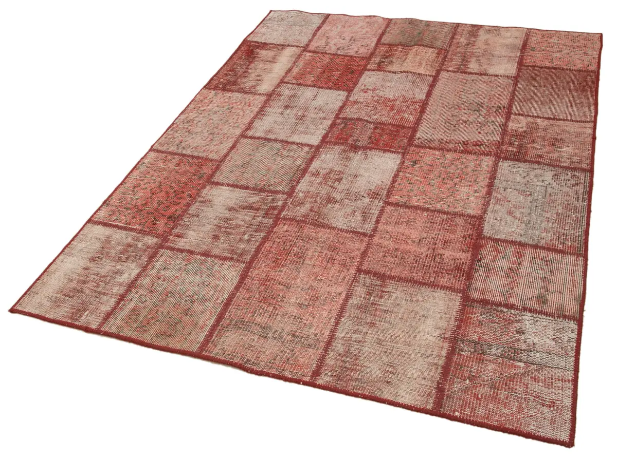 Patchwork Kırmızı Pamuk Üzerine Yün El Dokuma Kilim-142x195 - Görsel 3