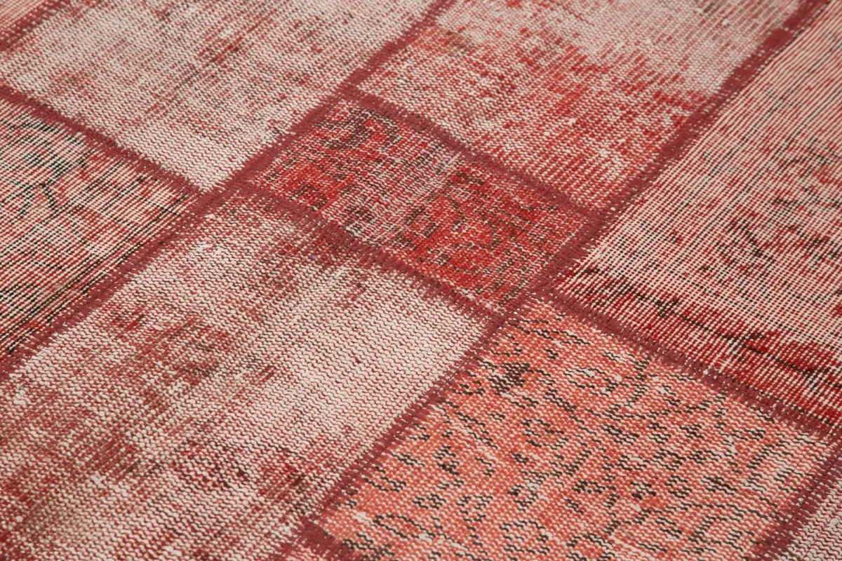 Patchwork Kırmızı Pamuk Üzerine Yün El Dokuma Kilim-142x195 - Görsel 5