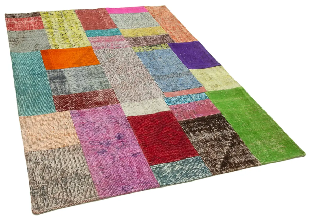 Patchwork Multi Pamuk Üzerine Yün El Dokuma Kilim-142x201 - Görsel 2