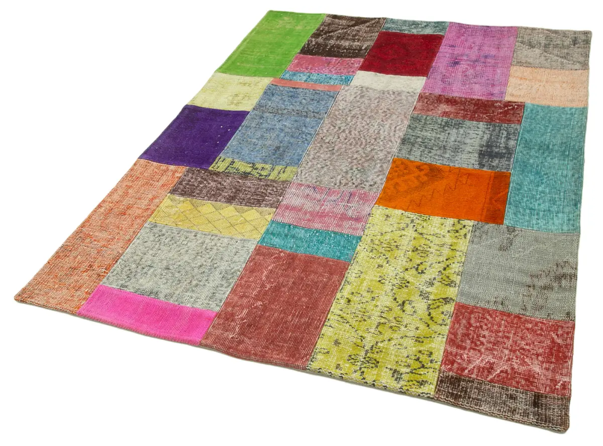 Patchwork Multi Pamuk Üzerine Yün El Dokuma Kilim-142x201 - Görsel 3
